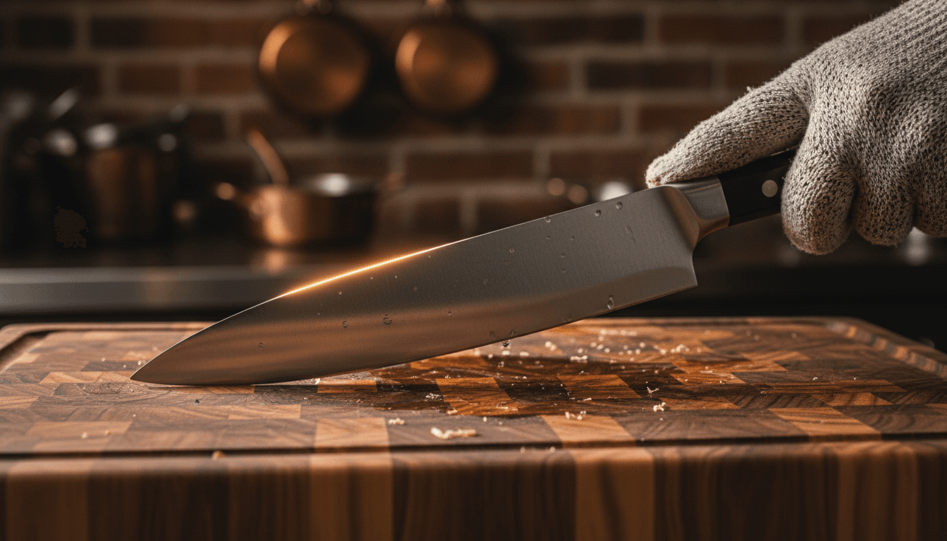 Hand holding a sharp knife blade on a wooden surface