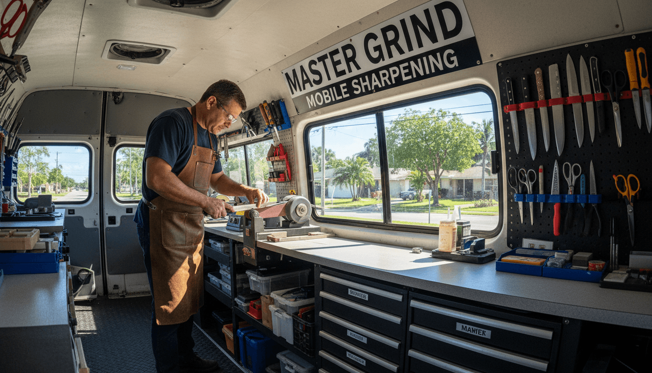Craftsman sharpening a knife inside a well-organized mobile van with natural light