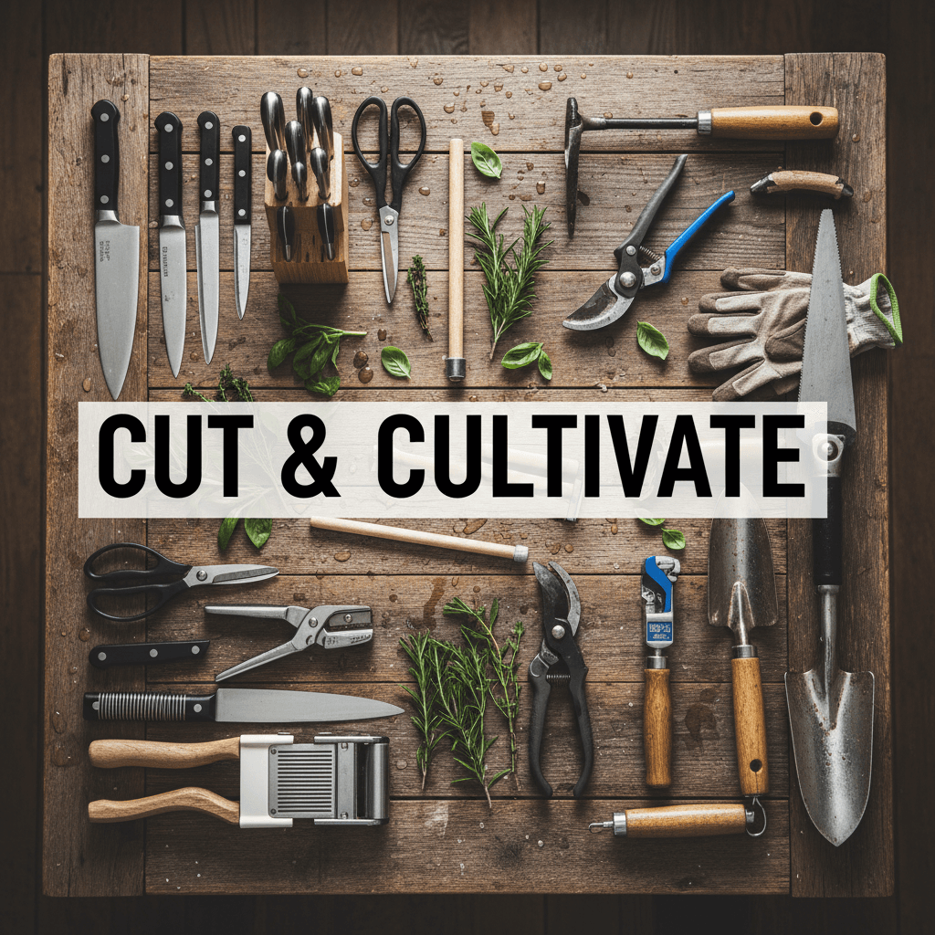 Assorted knives, shears, and pruners ready for sharpening