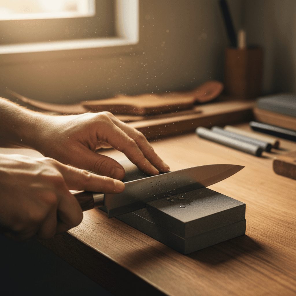 Sharpening a kitchen knife on a whetstone with sparks flying