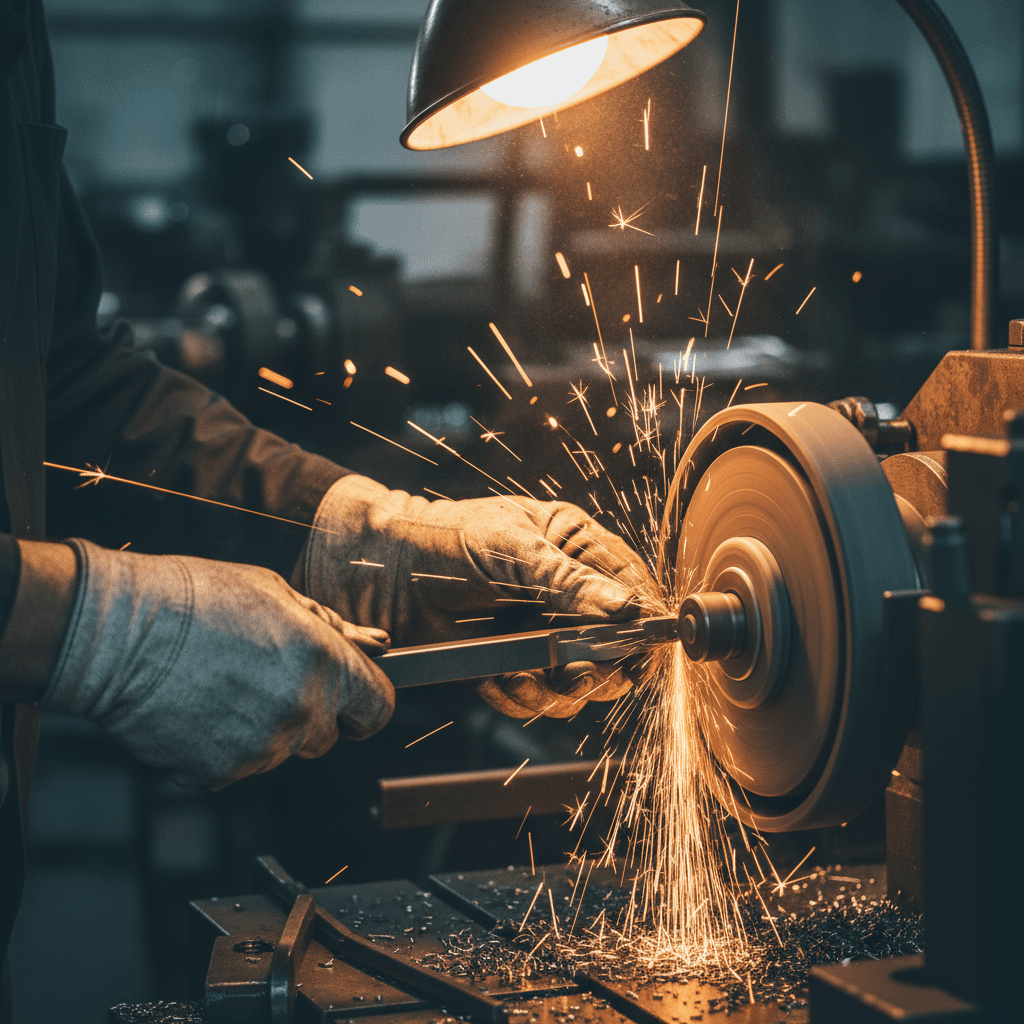 lawn mower blade being sharpened on a bench grinder
