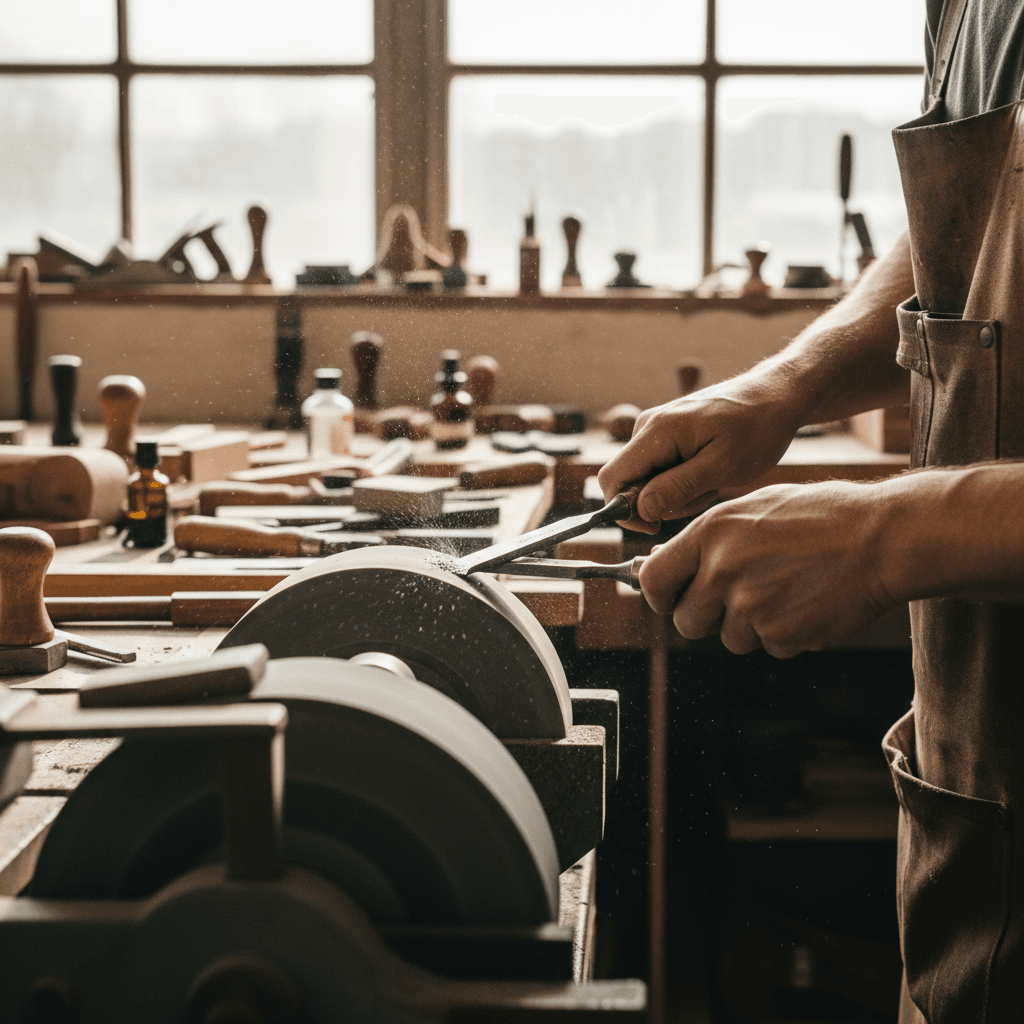 professional scissors being sharpened on a bench grinder