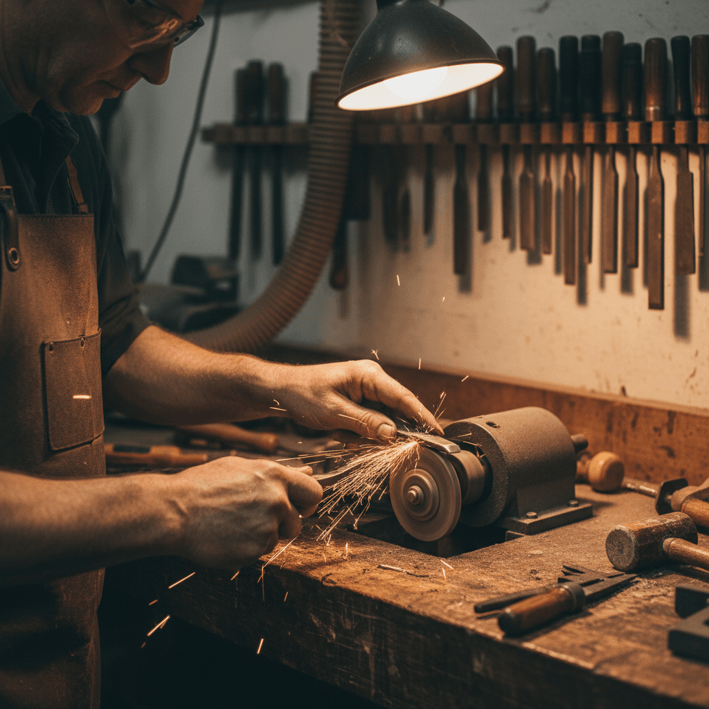 Close up of a sharpened knife blade on a workbench