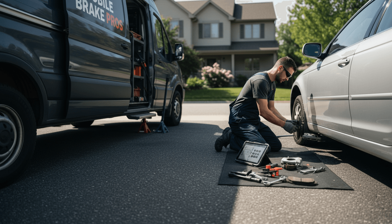 Mobile sharpening service van parked at a home