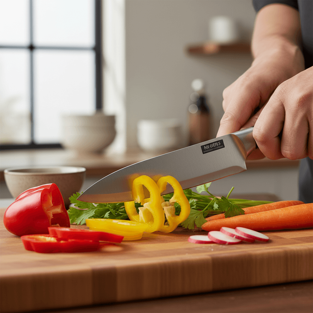 close up of a chef knife being sharpened on a whetstone with water splash