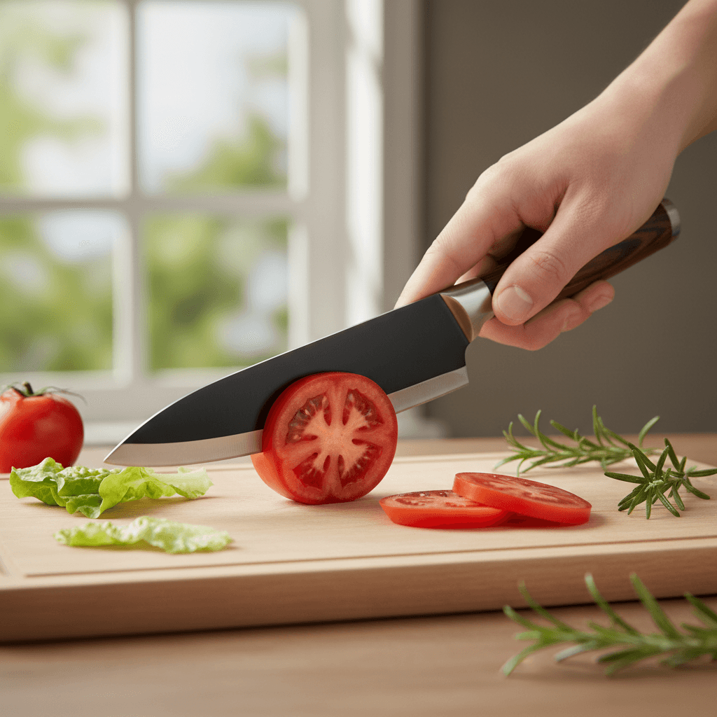 Sharpened kitchen knife held by a sharpener in a clean workshop
