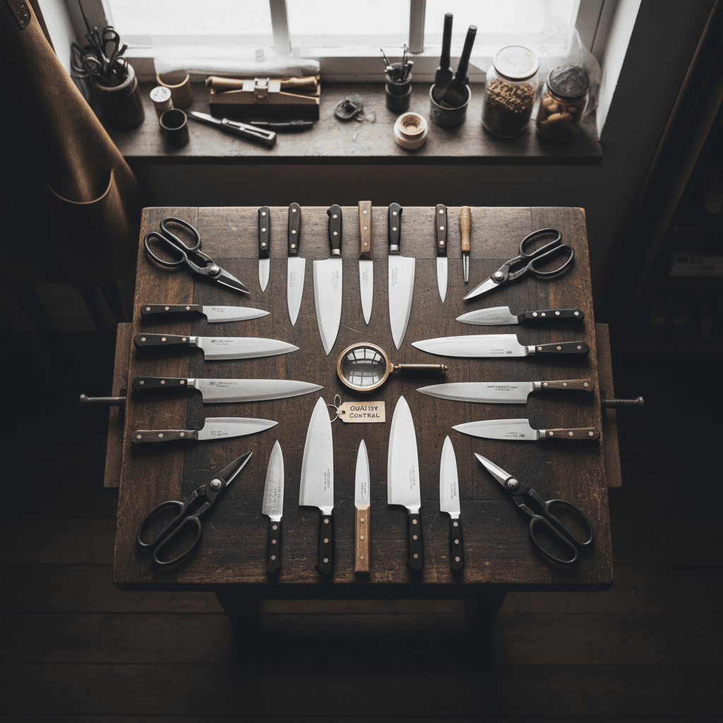 Collection of sharpened knives, scissors, and cutting tools arranged on dark wooden workbench with overhead lighting